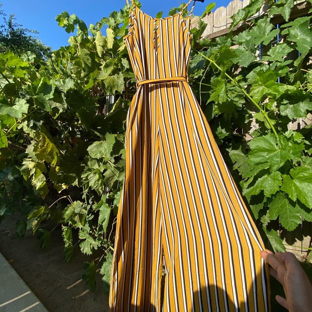 NWOT Ambiance striped mustard jumpsuit wide legged - Picture 2 of 6